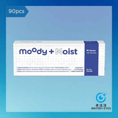 Moody Moist M Series 1-Day contact lens box (30 lenses per box, 3 boxes for 90), with WateryEyes logo