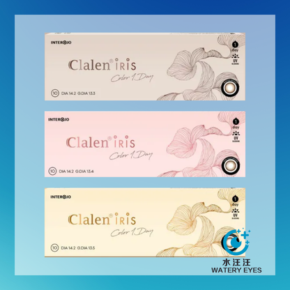 Clalen Iris 1-Day Overseas Exclusive (10 pc) three box colour variants stacked, beige, pink and yellow packaging