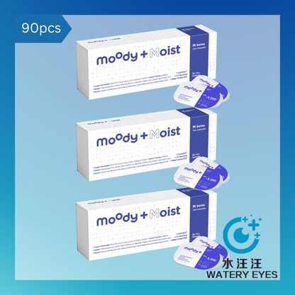 Three Moody Moist M Series 1-Day boxes of 30 lenses stacked (90 lenses in total), with lens blister packs and WateryEyes logo
