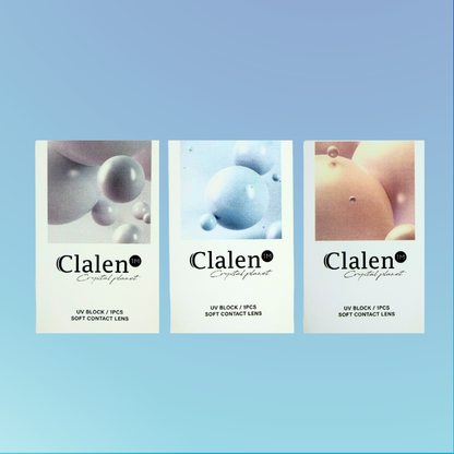 Clalen 水晶星球系列 1-Month (2片)——三款包裝盒並列，灰、藍、杏色水晶球圖案