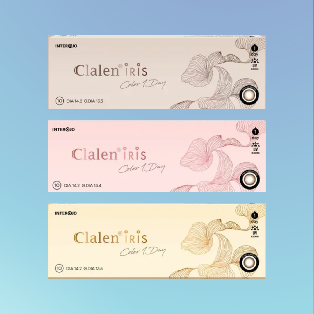 Clalen Iris 1-Day Overseas Exclusive (10 pc) three box colour variants stacked, beige, pink and yellow packaging