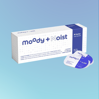 Moody Moist M Series 1-Day contact lens box with two lens blister packs beside it