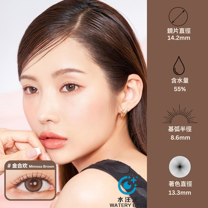 Clalen Iris 1-Day Overseas Exclusive ad creative: model portrait in Mimosa Brown with lens spec panel